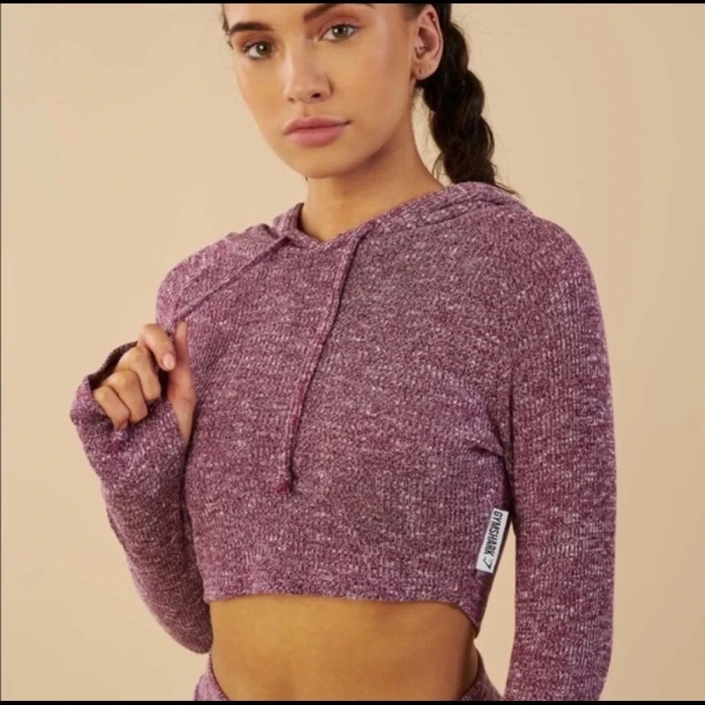 Gymshark Slounge Cropped Hoodie Ribbed Marled Knit Womens Size M Gym Athleisure